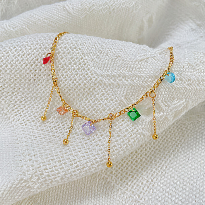 Ornament Factory Personality Ins Candy Color Glass Stone Foot Ornaments Stainless Steel Tassel Anklet