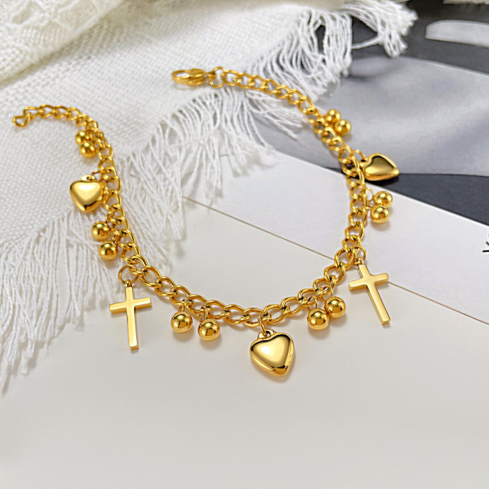 Fashion Love Pendant Foot Decoration Personality round Bead Stainless Steel Cross Anklet for Women