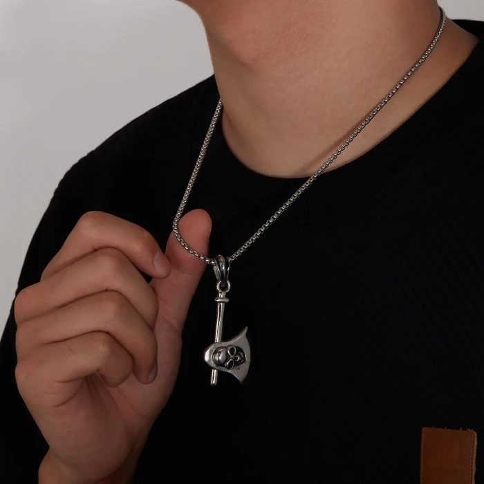 Ornament Factory Men's Stainless Steel Skull Pendant Personality Titanium Steel Vintage Axe Necklace