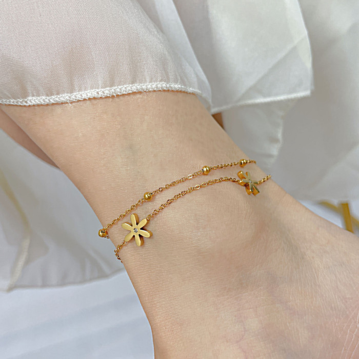 Ornament Wholesale Simple Stainless Steel Flower Inlaid Zircon Double Layer Twin Titanium Steel Anklet