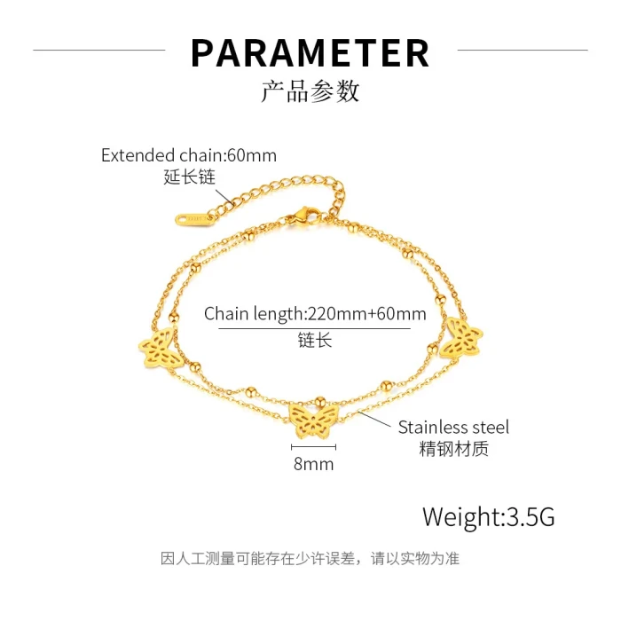 Ornament Stainless Steel Hollow Butterfly Small Beads Simple Temperament Double-Circle Anklet Female