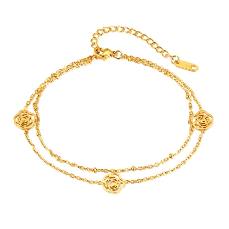Ornament Creative Stainless Steel Hollow Camellia Simple Double-Circle Anklet Women