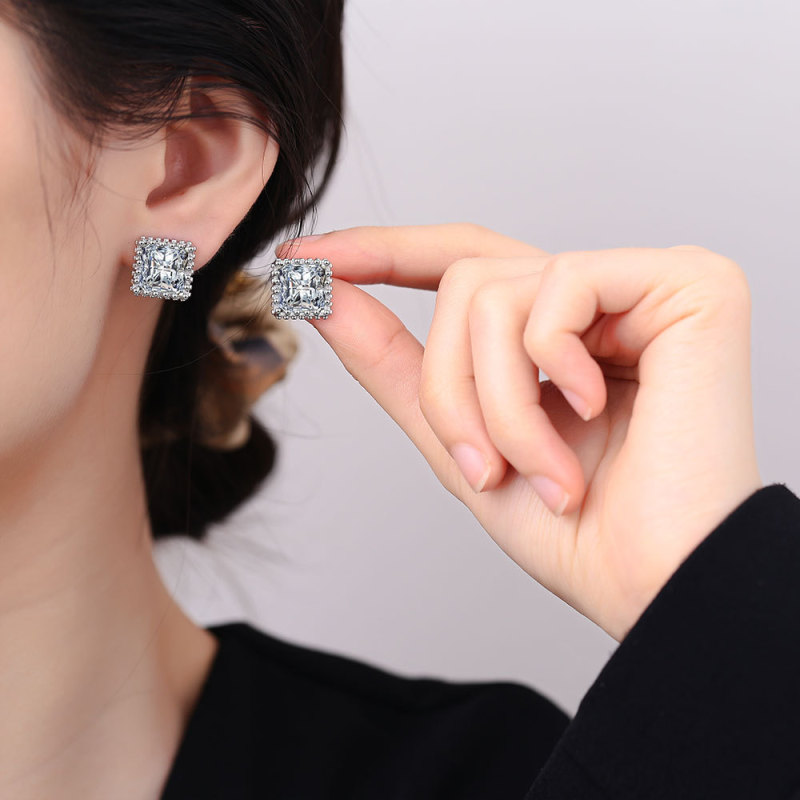 Square Stud Zircon Delicate Earrings Hollow Carved Square Sugar Earrings Daily Factory Wholesale