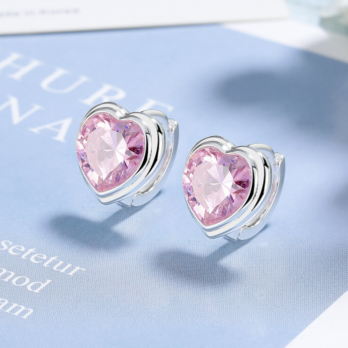 Loving Heart Zircon Earrings Women's Fashion Ins Heart-Shaped Pink Simple Earring Jewelry