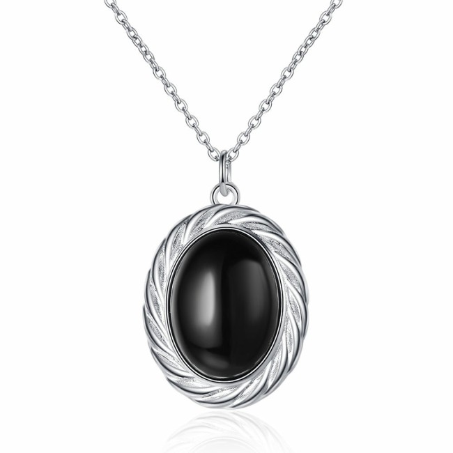 Oval Natural Black Onyx Necklace Women's Simple Classic Elements