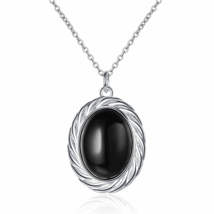 Oval Natural Black Onyx Necklace Women's Simple Classic Elements
