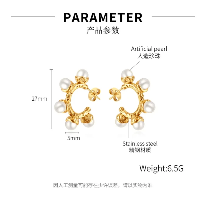 Ornament Factory Elegant Simple and Fashionable Irregular Titanium Steel C- Shaped Pearl Earrings Stainless Steel Studs Women