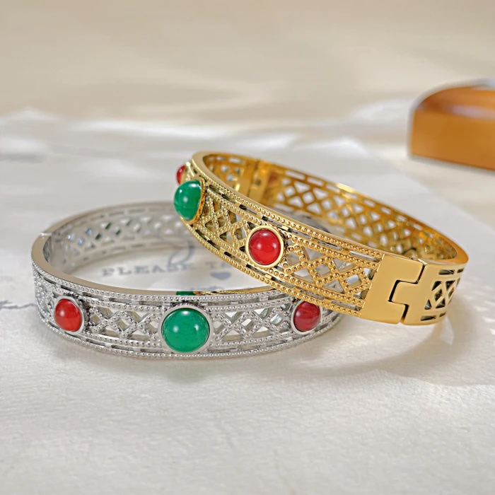 Ornament Factory Ancient Hollow Red Green Natural Stone Bracelet Vintage Stainless Steel Bangle