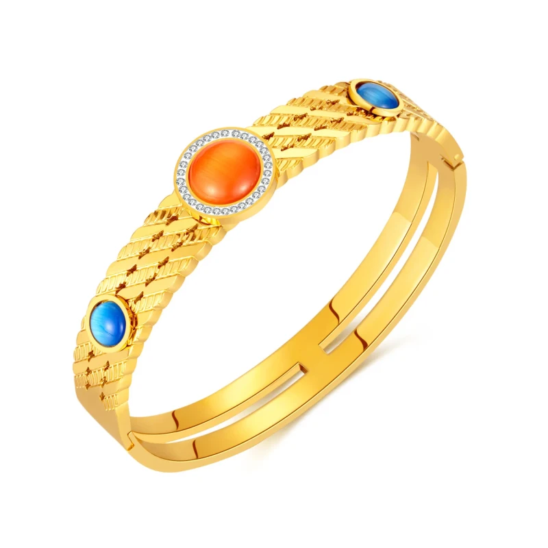 Ornament Fashion Vintage Inlaid Colorful Natural Stone Bracelet Advanced Stainless Steel Bangle for Women