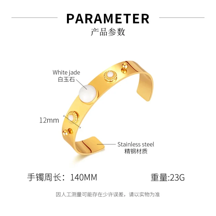 Ornament Factory Vintage Inlaid White Jade Stainless Steel Bangle for Women Wholesale