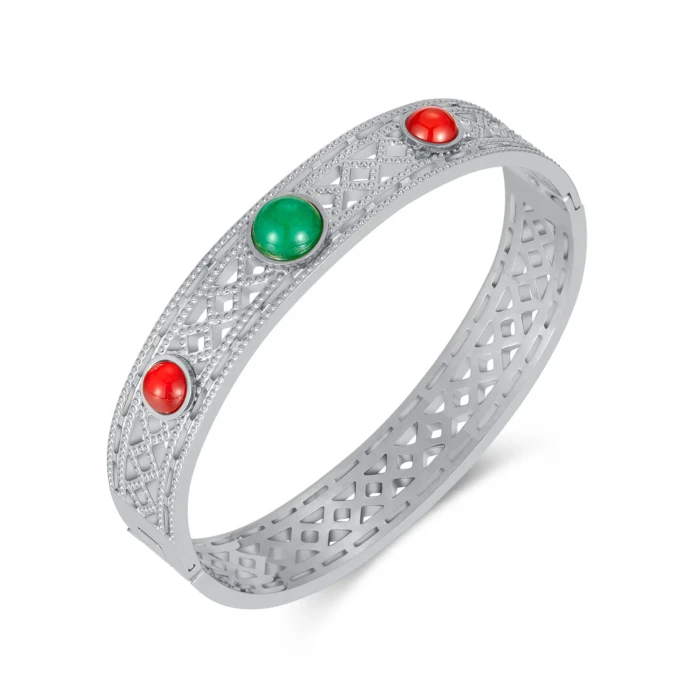 Ornament Factory Ancient Hollow Red Green Natural Stone Bracelet Vintage Stainless Steel Bangle