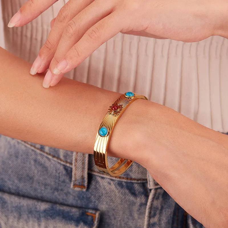 Ornament Vintage Stainless Steel Natural Stone Bracelet Simple High-Grade Titanium Steel Bangle