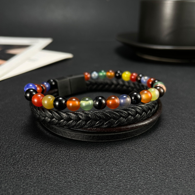 Vintage Stainless Steel Men's Multi-Layer Woven Bracelet Natural Agate Beads Leather Bracelet