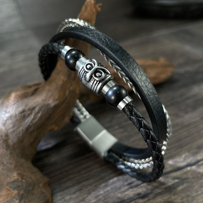 Retro Titanium Steel Magnetic Snap Bracelet Stainless Steel Multi-Layer Woven Men's Owl Bracelet
