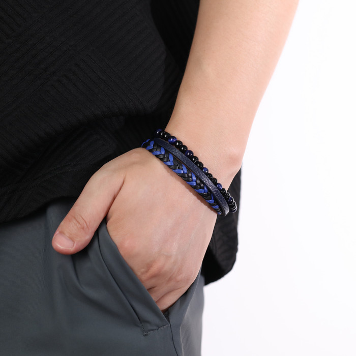 Creative Design Tiger-Eye Bracelet Stainless Steel Multi-Layer Woven Leather Bracelet