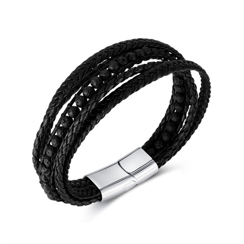 Ornament Wholesale Fashion Multi-Layer Woven Volcanic Rock Stainless Steel Magnetic Buckle Leather Bracelet for Men