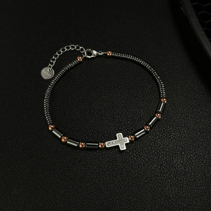 Ornament Wholesale Vintage Haematite Bracelet Personality Stainless Steel Cross Shelf Bracelet for Men