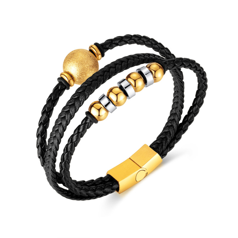 Ornament Factory Vintage Multi-Layer Woven Stainless Steel round Beads Leather Bracelet Men