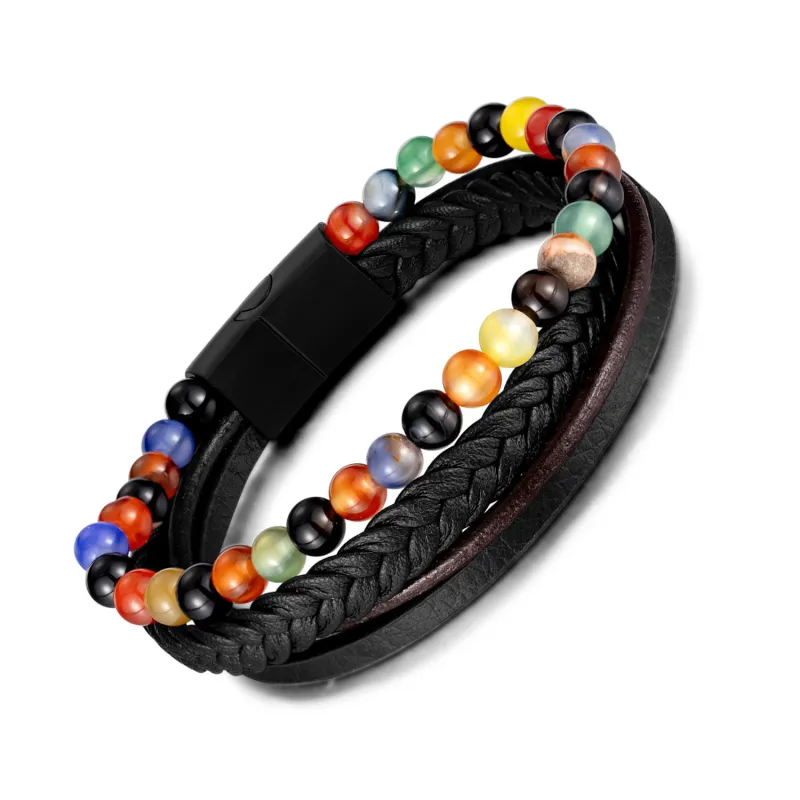 Vintage Stainless Steel Men's Multi-Layer Woven Bracelet Natural Agate Beads Leather Bracelet