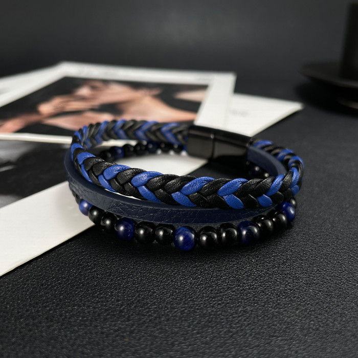 Creative Design Tiger-Eye Bracelet Stainless Steel Multi-Layer Woven Leather Bracelet