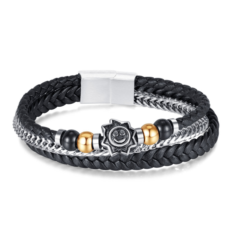 Personality Retro Stainless Steel Sun Smiley Woven Multi-Layer Magnetic Buckle Leather Bracelet
