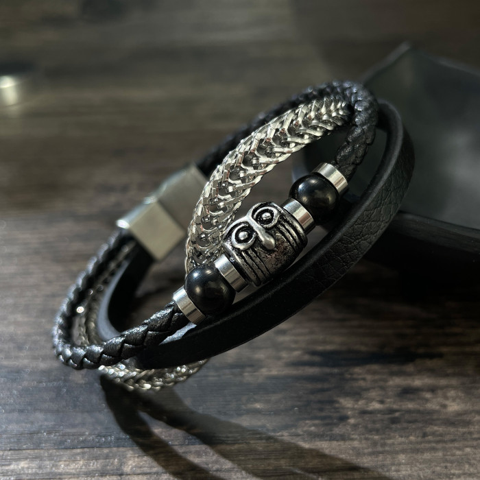 Retro Titanium Steel Magnetic Snap Bracelet Stainless Steel Multi-Layer Woven Men's Owl Bracelet