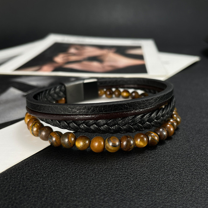 Ornament Wholesale Cross-Retro Men's Multi-Layer Woven Beads Bracelet Yellow Tigereye Leather Bracelet