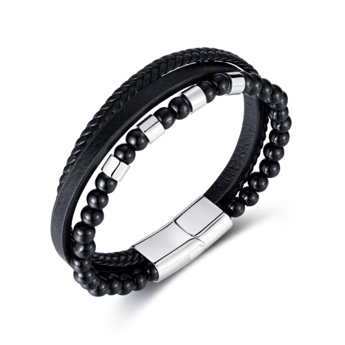 Ornament Factory New Fashion Retro Multi-Layer Woven Black Agate Beaded Stainless Steel Leather Bracelet