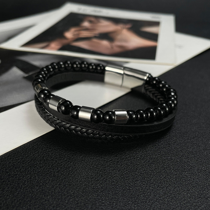 Ornament Factory New Fashion Retro Multi-Layer Woven Black Agate Beaded Stainless Steel Leather Bracelet