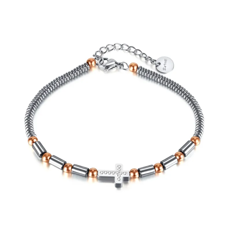 Ornament Wholesale Vintage Haematite Bracelet Personality Stainless Steel Cross Shelf Bracelet for Men