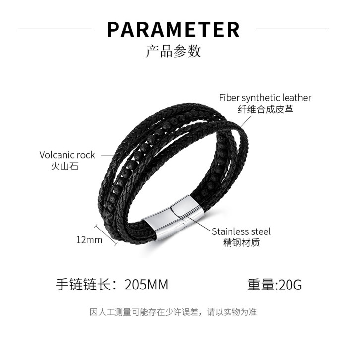 Ornament Wholesale Fashion Multi-Layer Woven Volcanic Rock Stainless Steel Magnetic Buckle Leather Bracelet for Men