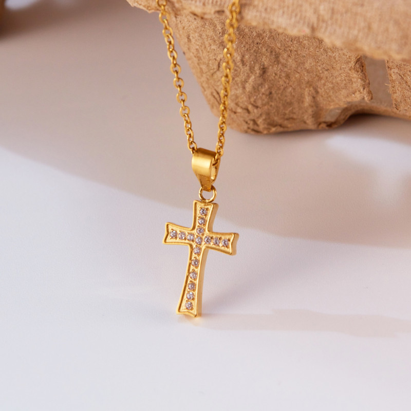 Ornament Titanium Steel Ins Style Inlaid Zircon Cross Simple Fashion Stainless Steel Necklace