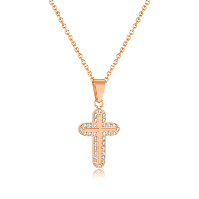 Ornament Wholesale Simple New Cross Necklace Inlaid Double Row Zircon Stainless Steel Necklace