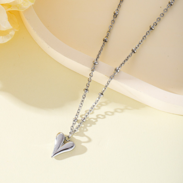 Simple Titanium Steel Heart-Shaped Pendant Clip Beads Necklace Retro Style Love Heart