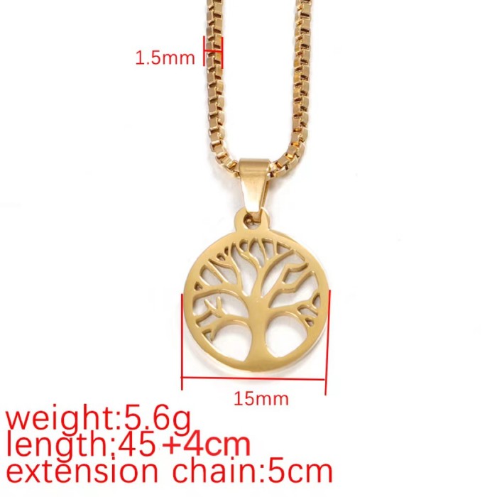 Stainless Steel Hollow Lucky Tree Necklace round Pendant Box Chain