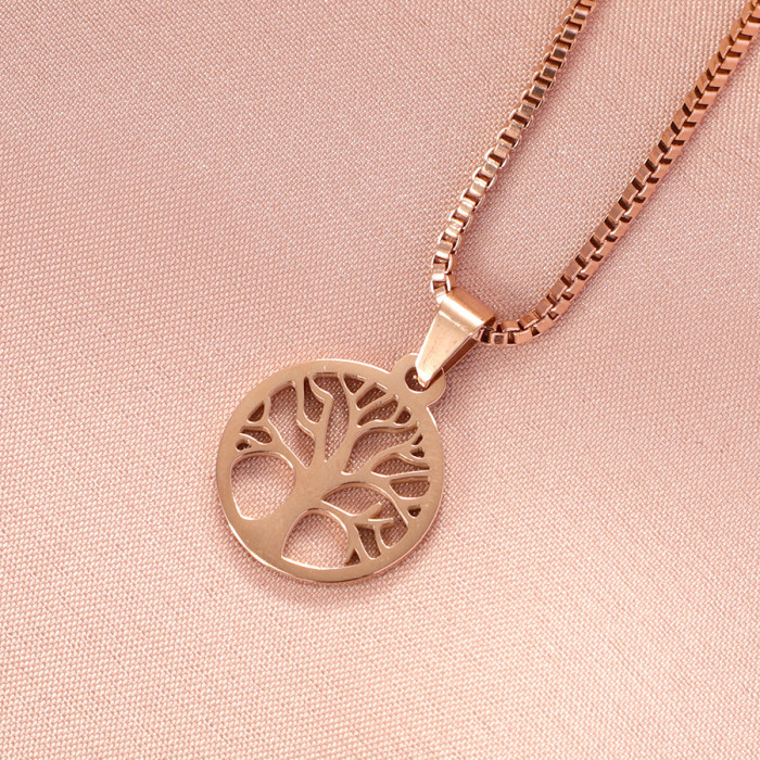 Stainless Steel Hollow Lucky Tree Necklace round Pendant Box Chain