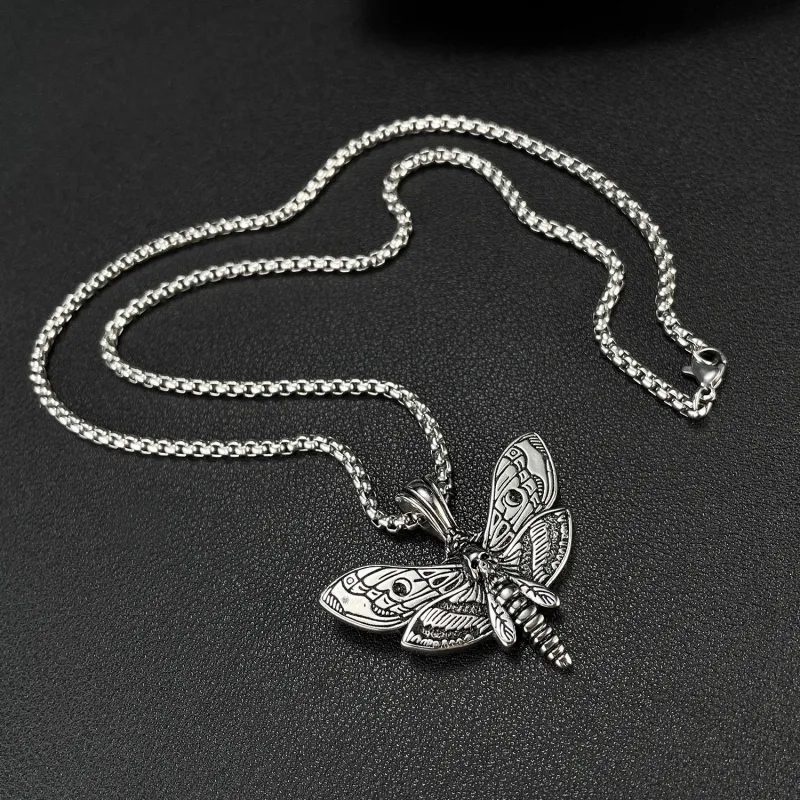 Retro Personalized Creative Stainless Steel Skull Moth Pendant Necklace