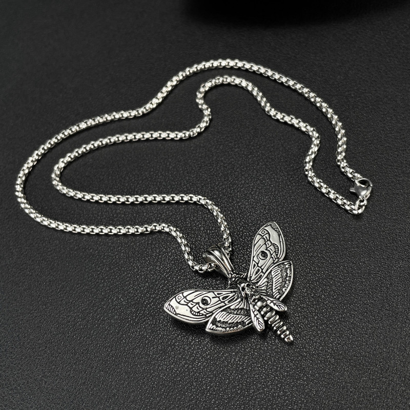 Retro Personalized Creative Stainless Steel Skull Moth Pendant Necklace