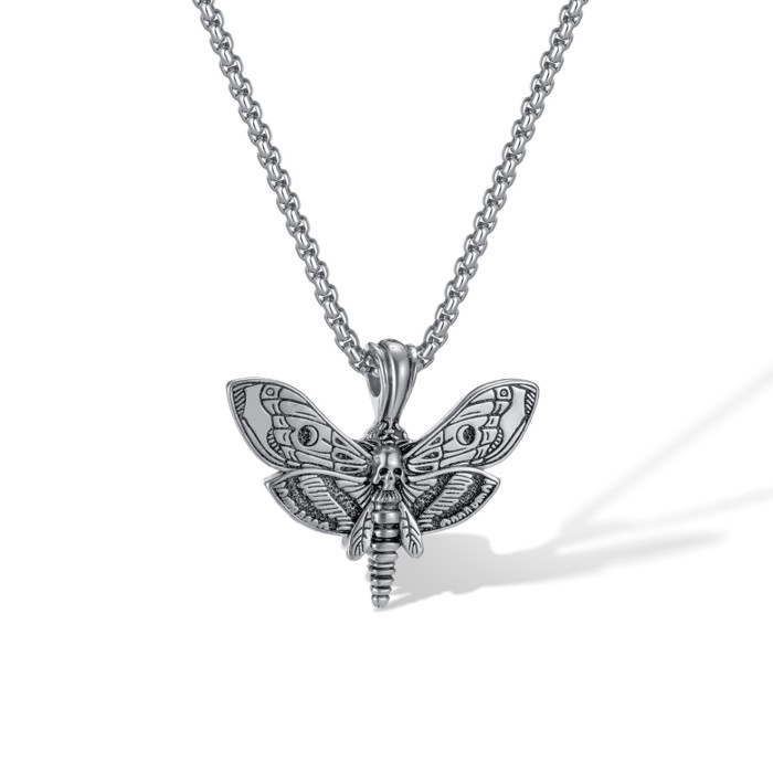 Retro Personalized Creative Stainless Steel Skull Moth Pendant Necklace