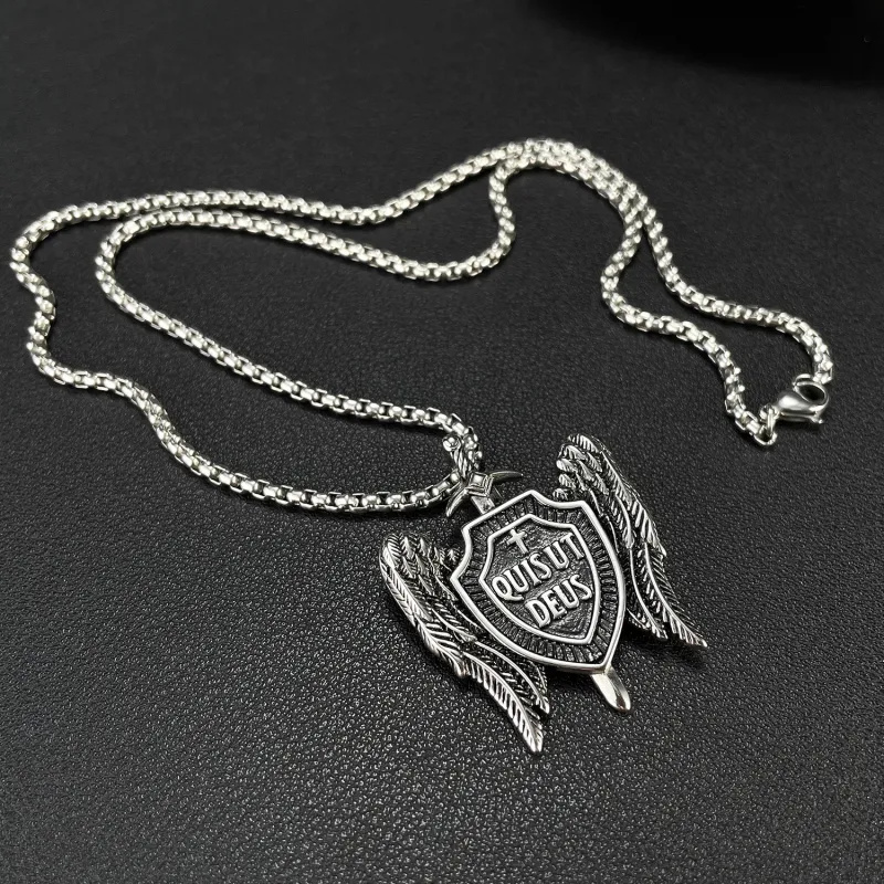 Retro Titanium Steel Michael Sword Shield Pendant Angel Wings Cross Necklace