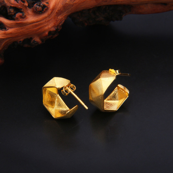 925 Silver Needle French Retro Stud Earrings Pleated Texture Road Trendy Earrings Copper, 925 Sterling Silver