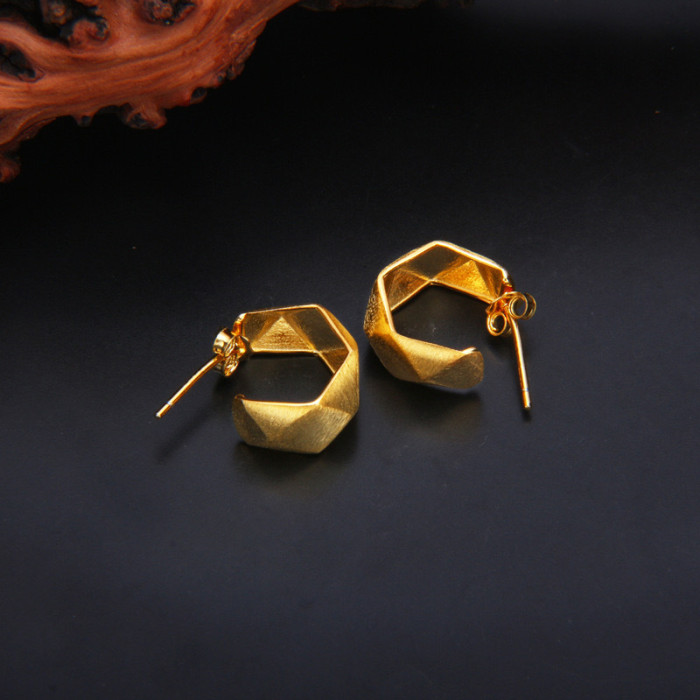 925 Silver Needle French Retro Stud Earrings Pleated Texture Road Trendy Earrings Copper
