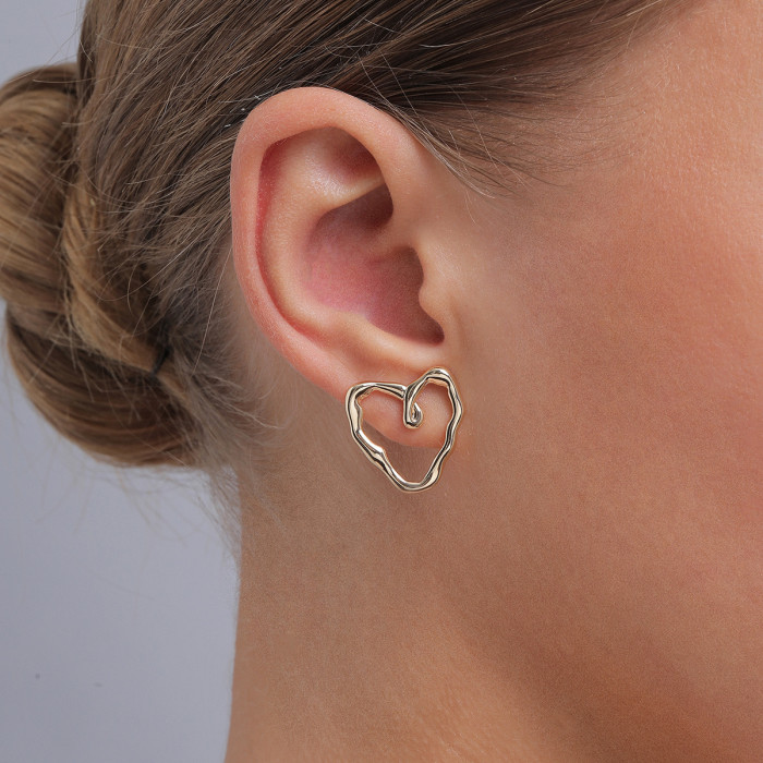 925 Silver Needle Heart-Shaped Gold-Plated Earrings Simple and Irregular Heart-Shaped Earrings