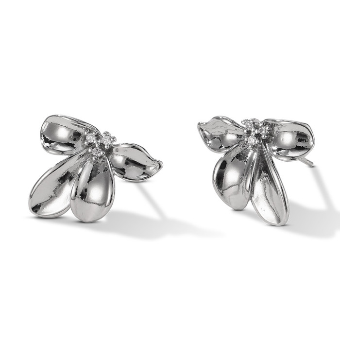 925 Silver Needle Copper Metal Flower Stud Earrings Irregular Vintage Earrings