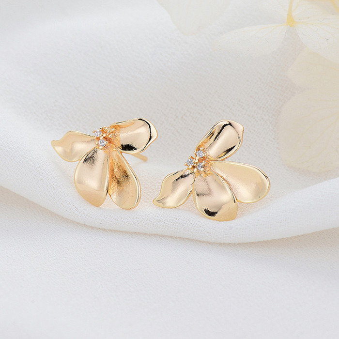 925 Silver Needle Copper Metal Flower Stud Earrings Irregular Vintage Earrings