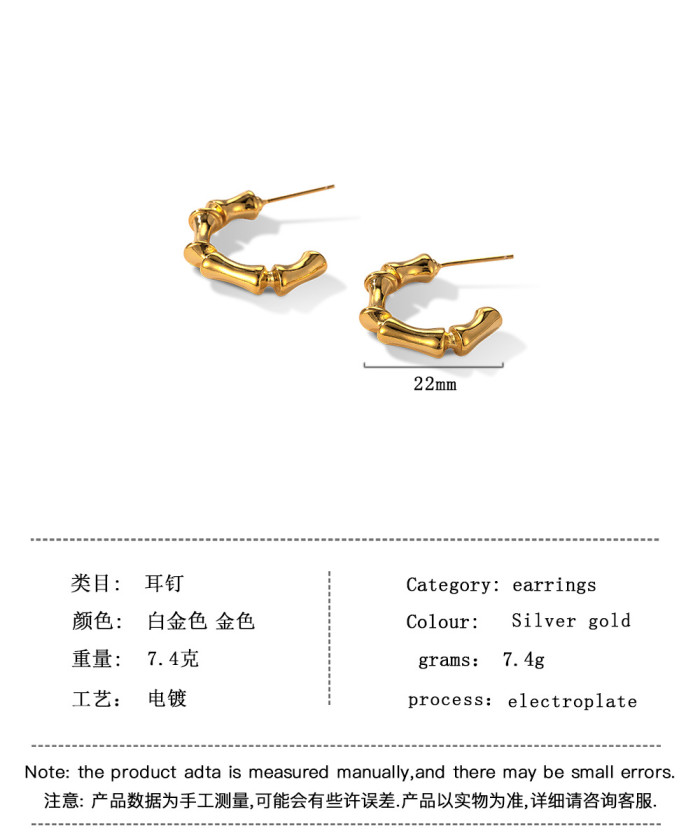 925 Silver Needle Fashion Geometry Pattern C- Shaped Bamboo Earrings Personalized Earrings
