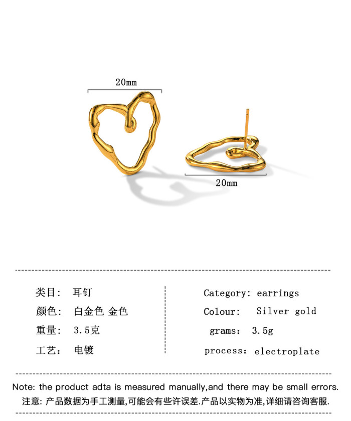 925 Silver Needle Heart-Shaped Gold-Plated Earrings Simple and Irregular Heart-Shaped Earrings