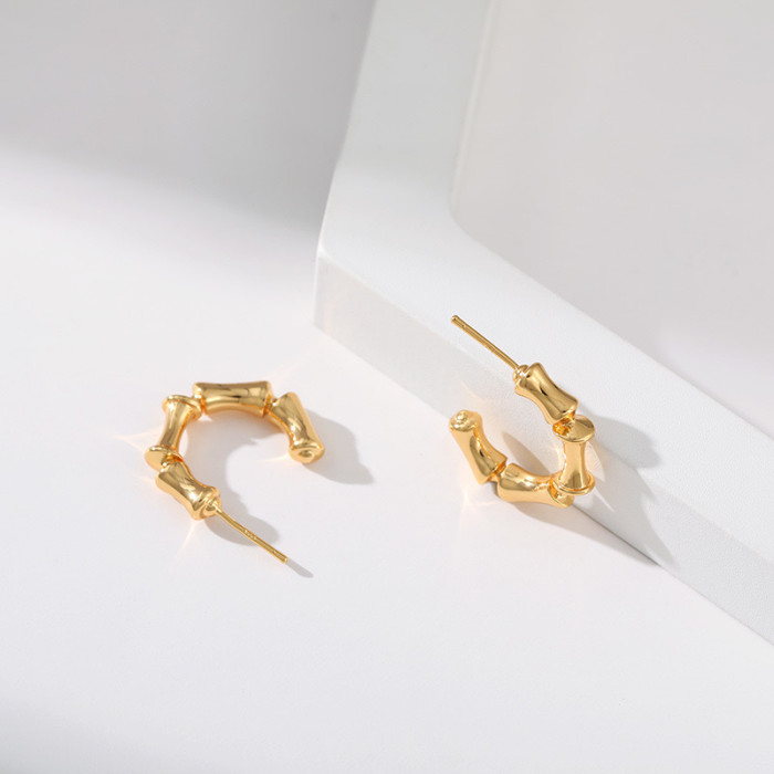925 Silver Needle Fashion Geometry Pattern C- Shaped Bamboo Earrings Personalized Earrings