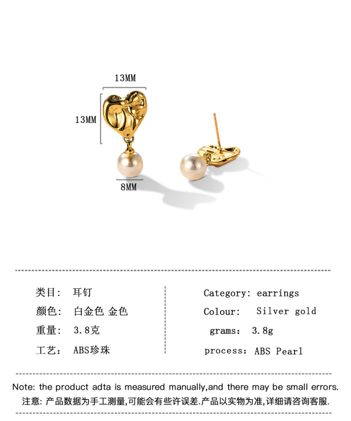 925 Silver Needle Gold Love Abs Pearl Stud Earrings Graceful Personality Vintage Earings