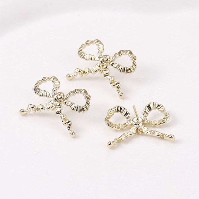 925 Silver Stud Bow Gold Plated Ornament High-Profile Stud Earrings